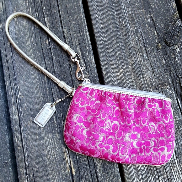 Coach Lurex Gold & Magenta Mini Signature Wristlet - Picture 1 of 9